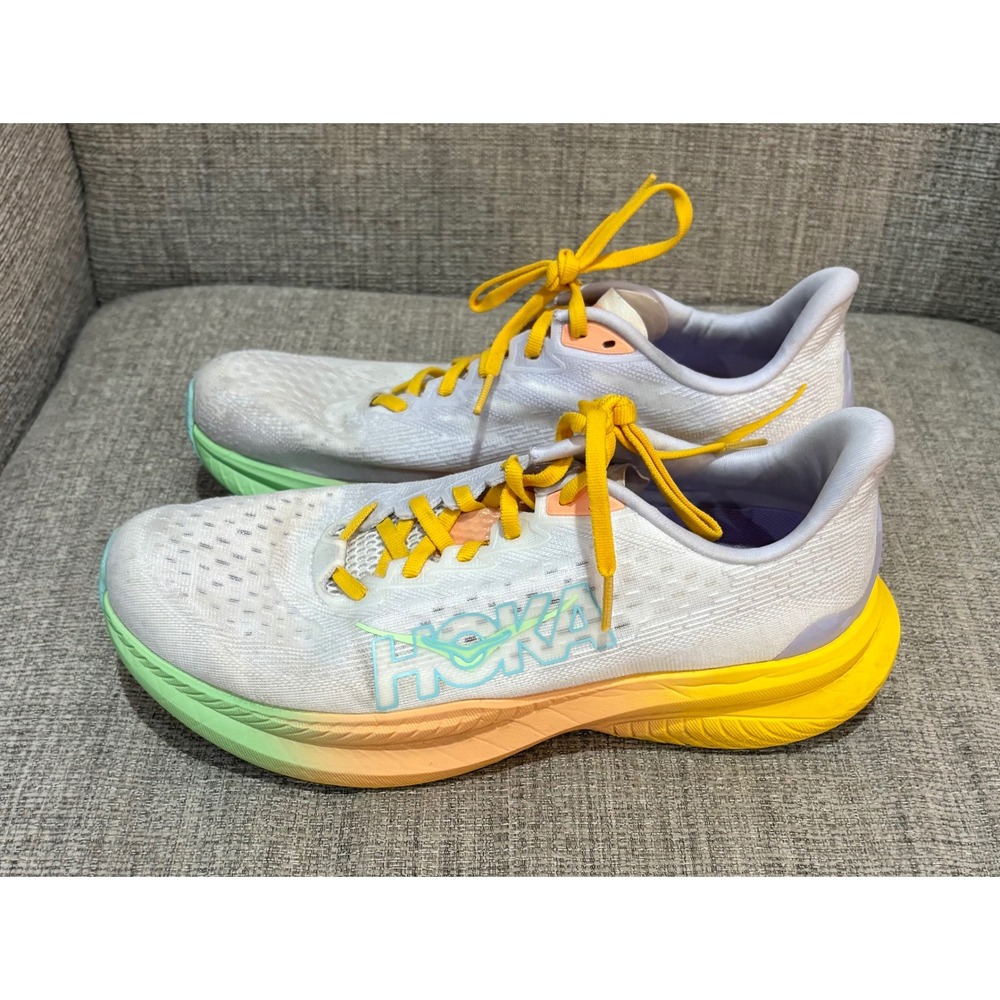 Hoka Mach 6 Women White Yellow Green Running Shoes Sz 10B 1147810 FTST